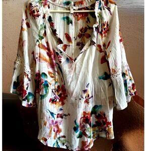 floral micro-pleated boho blouse 3/4 bell sleeve gypsy cottage fairy Petite L